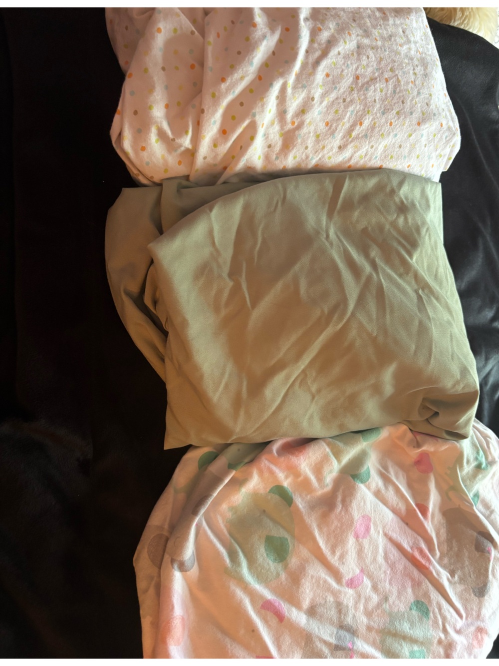 Baby crib sheets bundle: Soft Sage Green, pocker dots, multi color with elephant